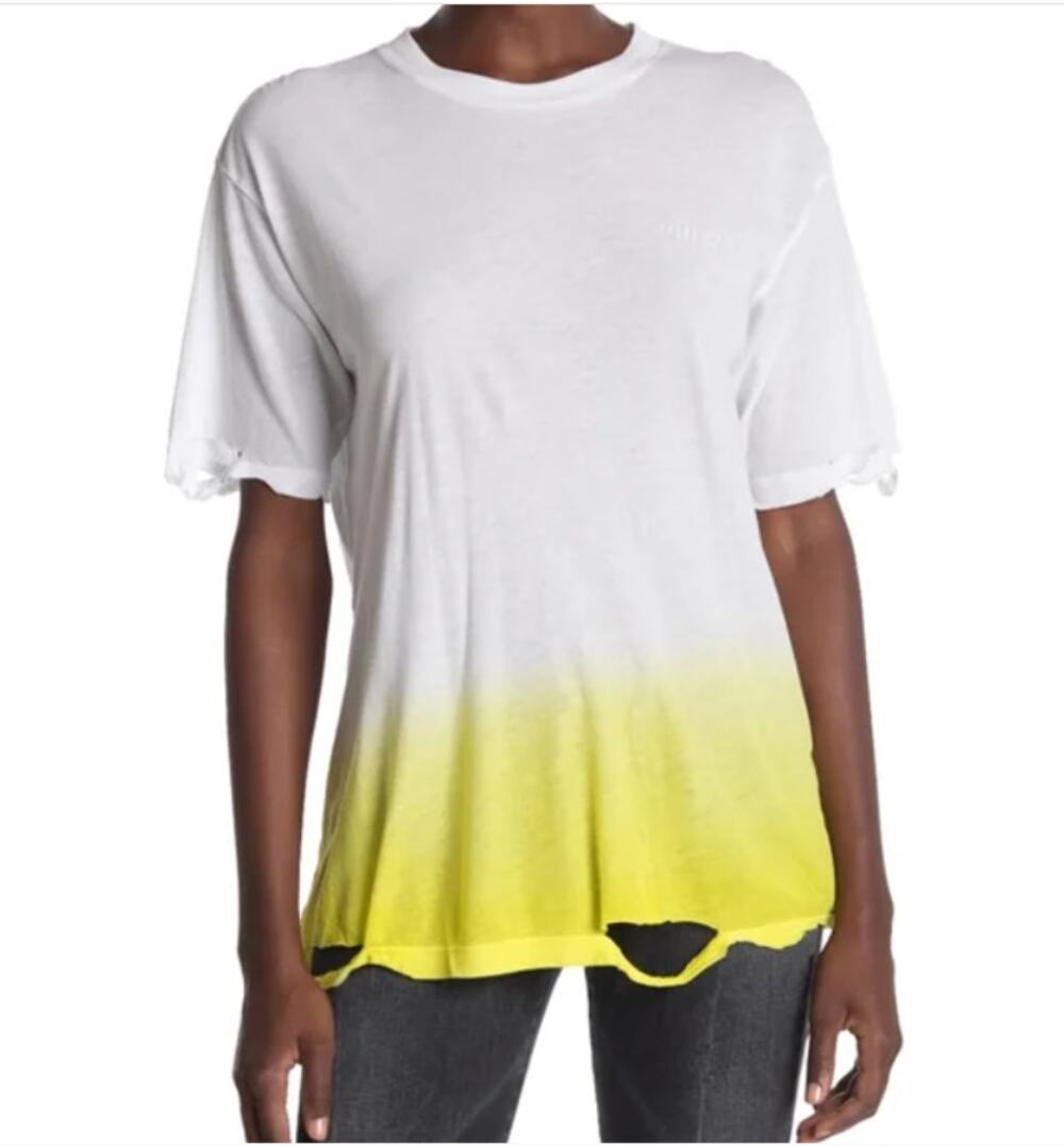 NEW Ben Taverniti Unravel Project Dip Dye Distressed Crew T-Shirt Lime White XS